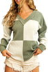 Textured Colorblock Long Sleeve V Neck Top